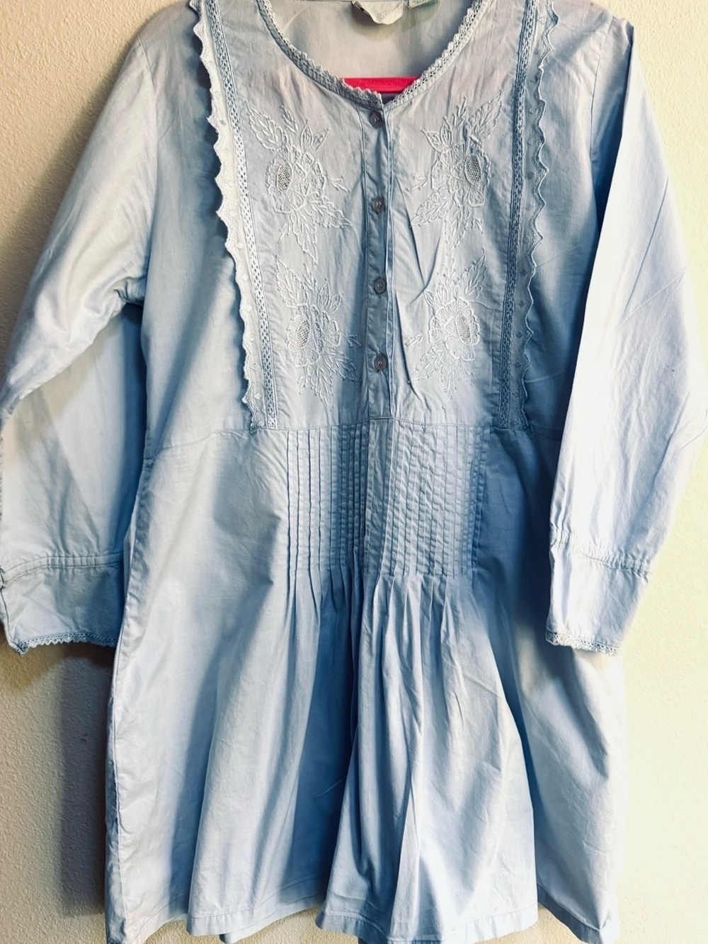 Vtg Light Blue Embroidered Long-Cotton Nightgown Grandmacore Country Prairie